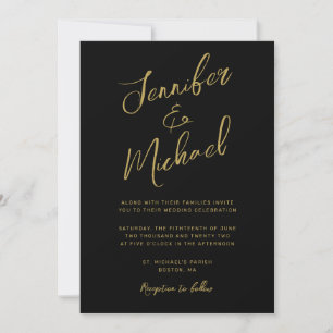 Modern Black Gold Hand Lettered Script Wedding Invitation