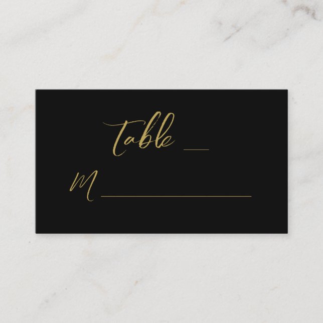 Modern Black Gold Hand Lettered Script Wedding Place Card (Front)