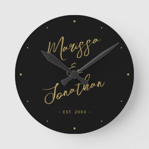 Modern Black Gold Hand Lettered Script Wedding Round Clock