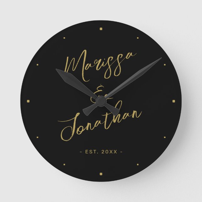 Modern Black Gold Hand Lettered Script Wedding Round Clock (Front)