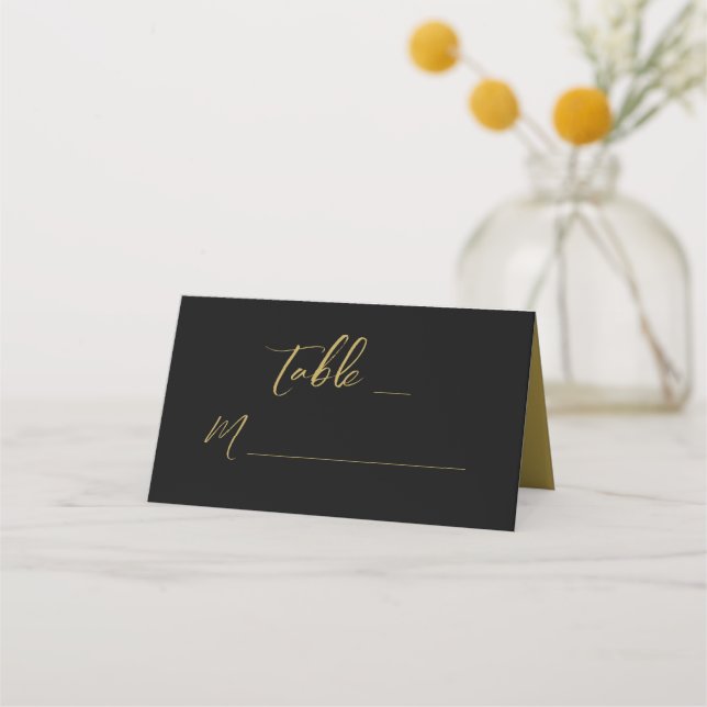 Modern Black Gold Hand Lettered Wedding Place Card (Front)