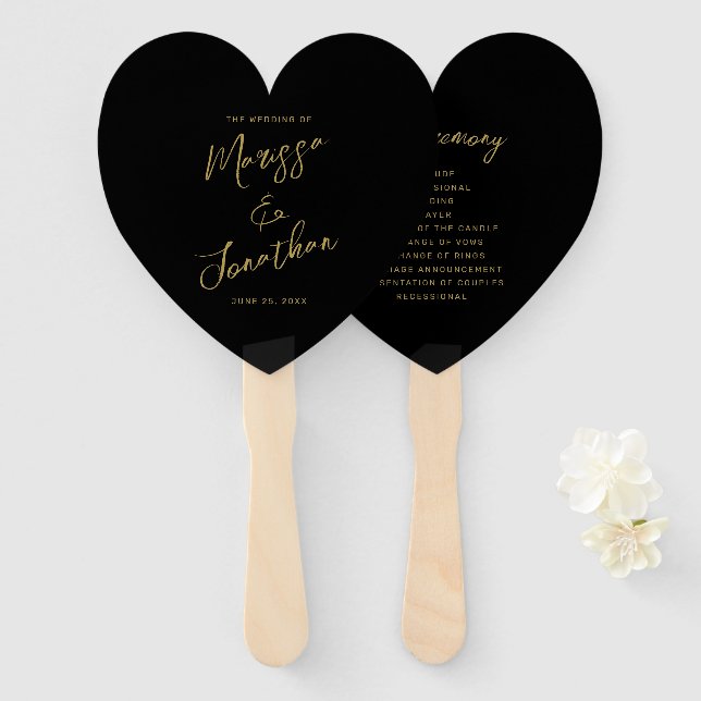 Modern Black Gold Hand Lettered Wedding Program Fan (Front and Back)