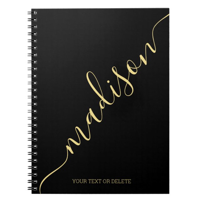 Modern Black Gold Handwritten Name Monogram Notebook (Front)