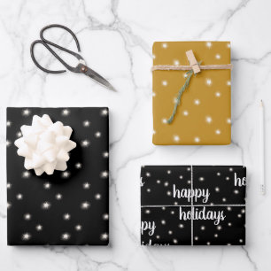 Modern Black Gold HAPPY HOLIDAYS Script Lights Wrapping Paper Sheet