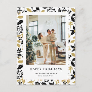 Modern Black Gold Holly Berries Photo Holiday Postcard