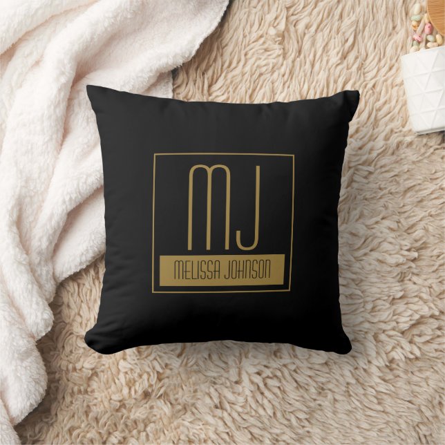 Modern Black & Gold Initial Monogram  Cushion (Blanket)