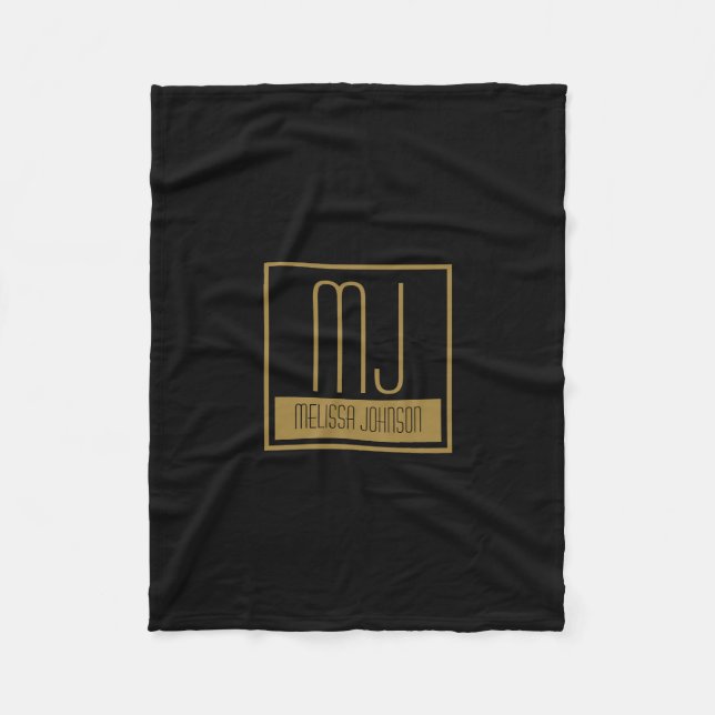 Modern Black & Gold Initial Monogram Fleece Blanket (Front)