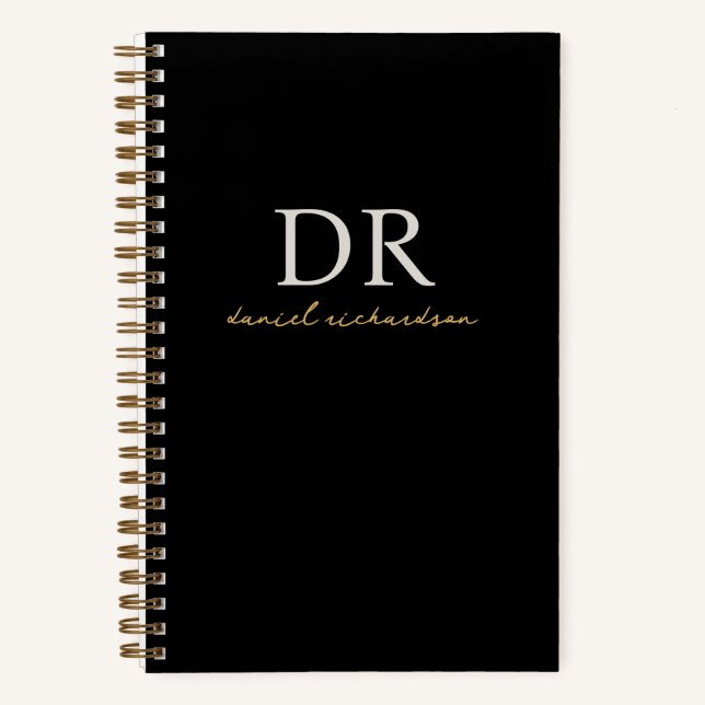 Modern Black & Gold Initial Script Monogram Notebook (Front)