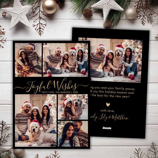 Modern Black Gold Joyful Wishes Script 5 Photo Holiday Card (Creator Uploaded)