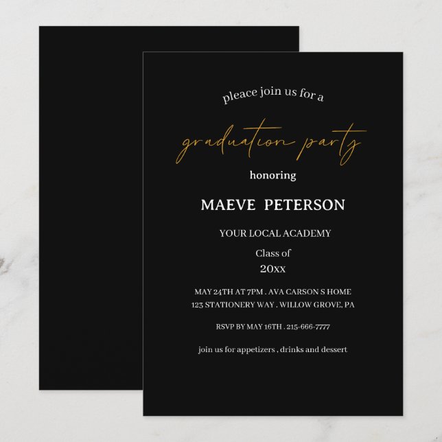 Modern black & gold law school graduation  invitation (Front/Back)