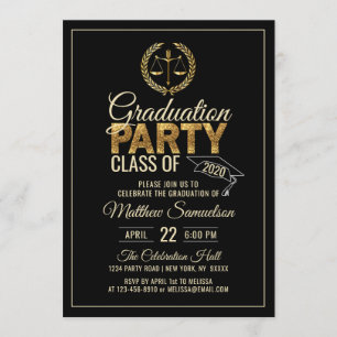 Modern Black Gold Law School GRADUATION Party Invitation