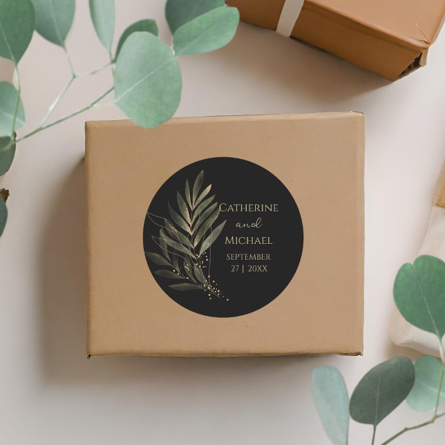 Modern Black Gold Leaf Wedding Monogram Classic Round Sticker (Creator Uploaded)