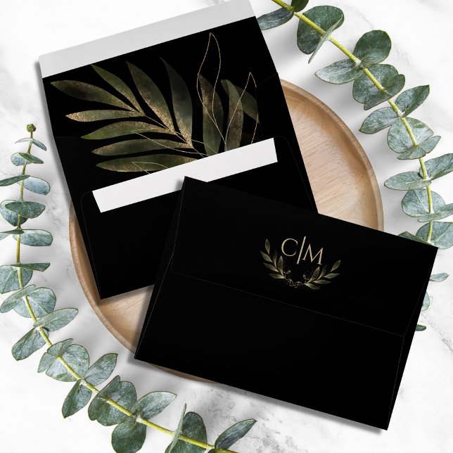 Modern Black Gold Leaf Wedding Monogram Envelope (Creator Uploaded)