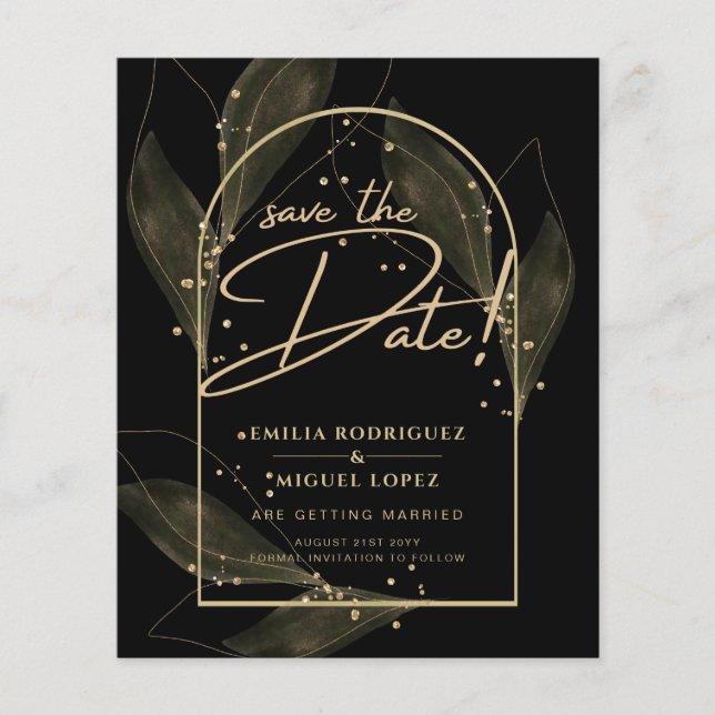 Modern Black Gold Leaves Wedding Save The Date  Flyer (Front)