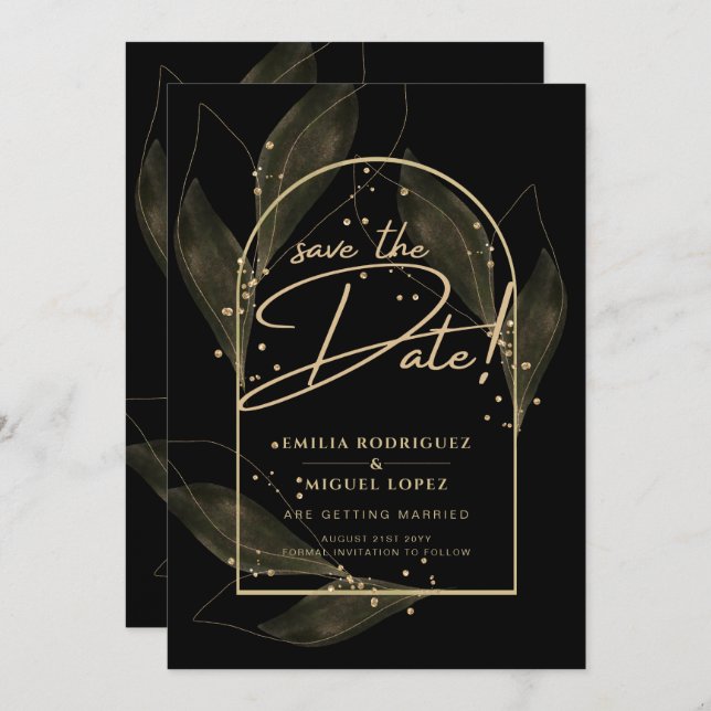 Modern Black Gold Leaves Wedding Save The Date  Invitation (Front/Back)