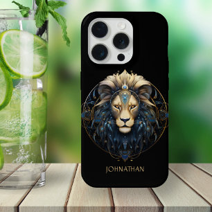 Modern Black Gold Lion Zodiac Sun Sign Name Leo iPhone 15 Pro Case