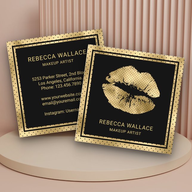 Modern Black Gold Lips Makeup Artist Square Business Card (Creator Uploaded)