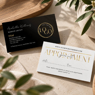 Modern Black & Gold Logo Makeup Beauty Salon Hair Appointment Card