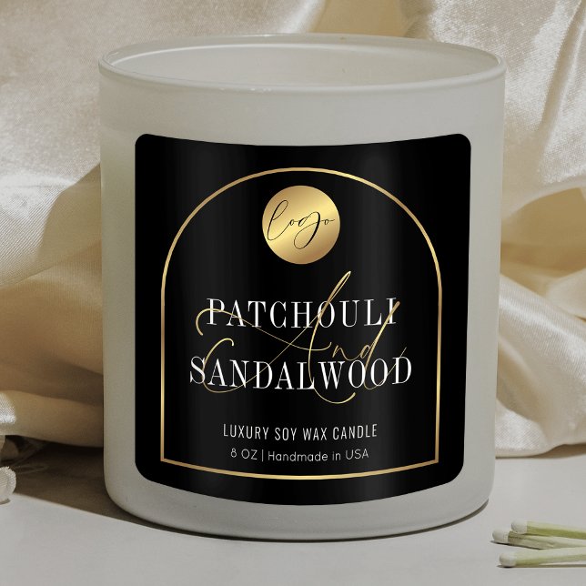 Modern Black & Gold Logo Soy Candles Product Label (Professional black and gold product jar labels with gold arch and space for your logo)