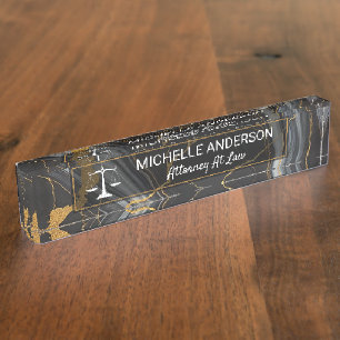 Modern Black Gold Luxury Marble Lawyer Attorney Nameplate