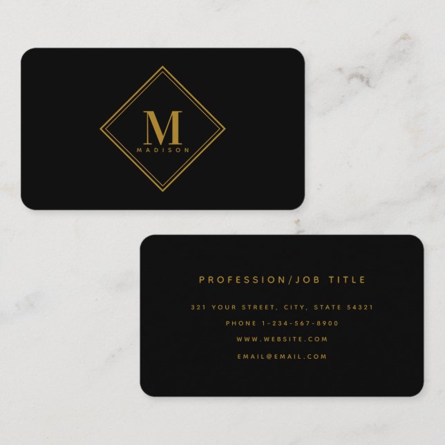 Modern Black Gold Luxury Monogram Initial Business Card (Front/Back)
