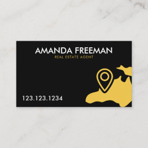 Modern Black & Gold Map Real Estate Agent Business Card