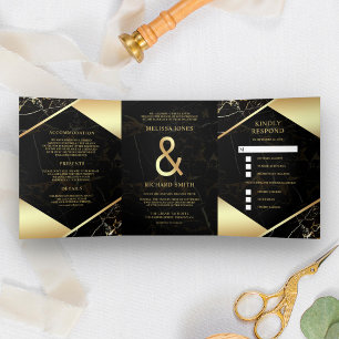 Modern Black Gold Marble Ampersand Wedding Tri-Fold Invitation