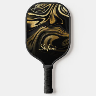 Modern Black Gold Marble Glitter Pickleball Paddle