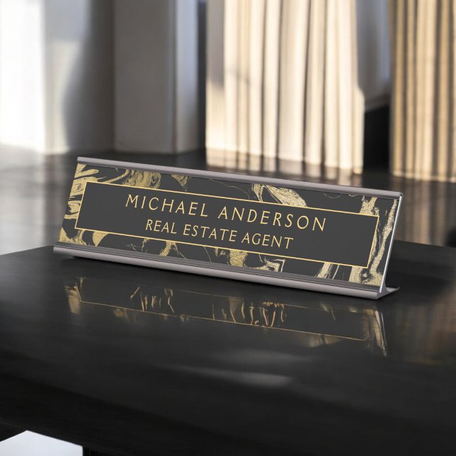 Modern Black Gold Marble Stone Custom Minimalist Desk Name Plate (Creator Uploaded)