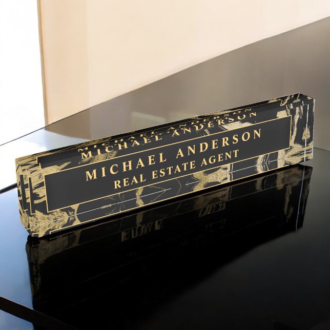 Modern Black Gold Marble Stone Custom Minimalist Nameplate (Creator Uploaded)
