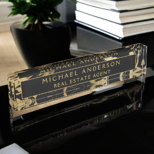 Modern Black Gold Marble Stone Custom Minimalist Nameplate