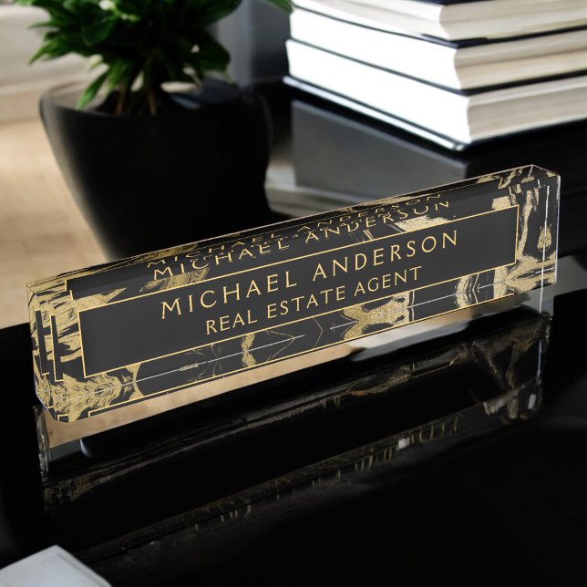 Modern Black Gold Marble Stone Custom Minimalist Nameplate (Creator Uploaded)