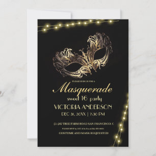 Modern Black Gold Masquerade Party Birthday 16th Invitation
