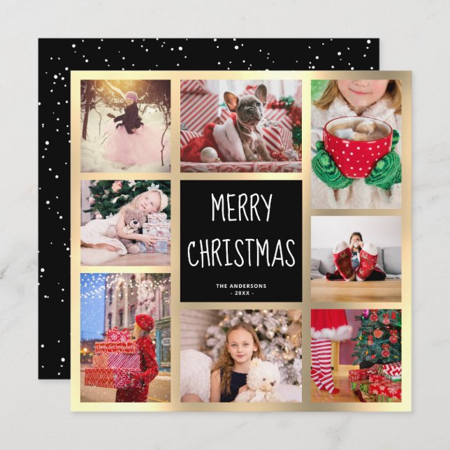 Modern Black & Gold Merry Christmas Photo Collage Holiday Card (Front/Back)