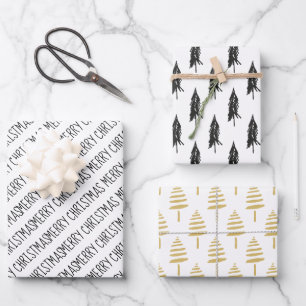 Modern Black & Gold Merry Christmas Trees Wrapping Paper Sheet