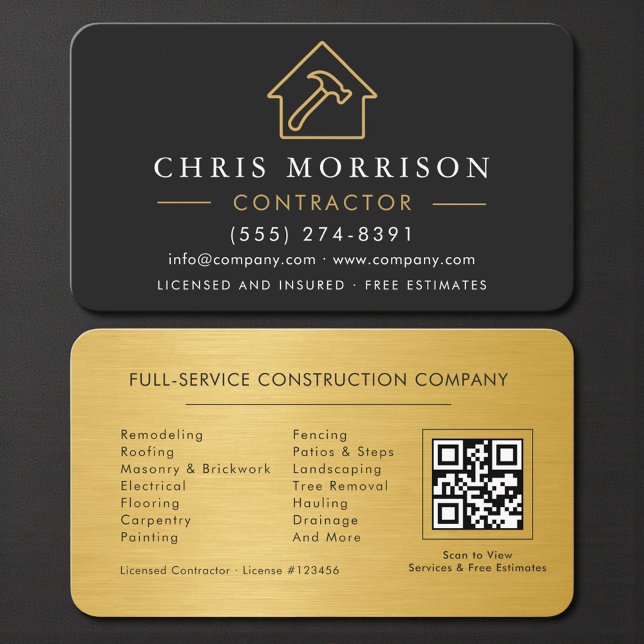 Modern Black & Gold Metal Contractor QR Code Business Card (Creator Uploaded)