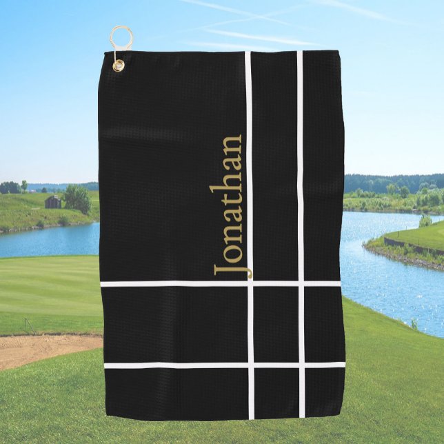 Modern black gold minimalist custom name  golf towel (Creator Uploaded)