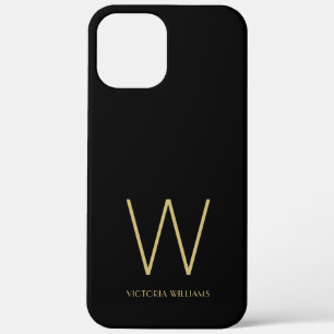Modern black gold minimalist monogram name iPhone 12 pro max case