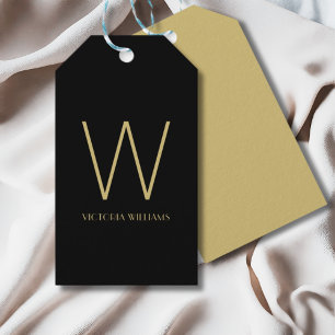 Modern black gold minimalist monogram name gift tags
