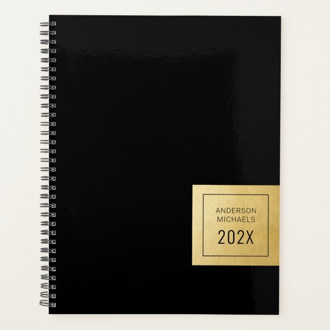 Modern Black Gold Minimalist Personalised Planner (Front)