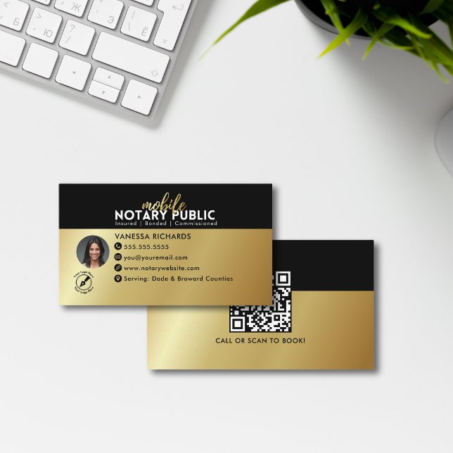 Modern Black Gold Mobile Notary Public QR Code Business Card (Creator Uploaded)