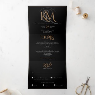 Modern Black Gold Monogram All In One Wedding Tri-Fold Invitation