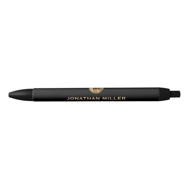 Modern Black Gold Monogram Black Ink Pen (Front)