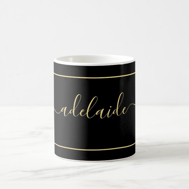 Modern Black Gold Monogram Chic Girly Script Name  Coffee Mug (Center)