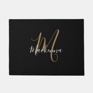 Modern Black Gold Monogram Chic Girly Script Name Doormat