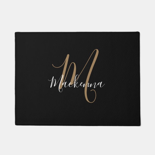 Modern Black Gold Monogram Chic Girly Script Name Doormat (Front)