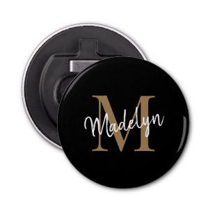 Modern Black Gold Monogram Elegant Feminine Script Bottle Opener