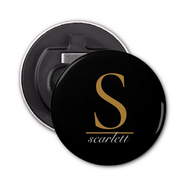 Modern Black Gold Monogram Elegant Feminine Script Bottle Opener (Front)