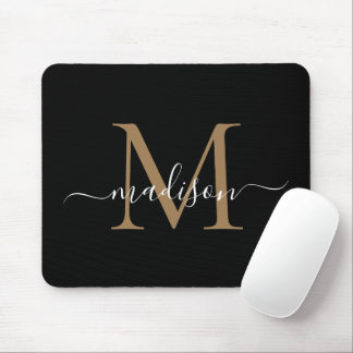 Modern Black Gold Monogram Elegant Girly Script Mouse Pad