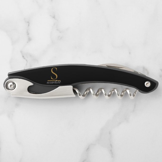 Modern Black Gold Monogram Elegant Script Name Corkscrew (Creator Uploaded)